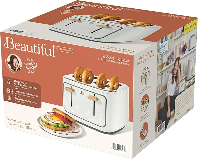 4 Slice Toaster with Touch Control Panel 1800W Fast Heating 7 Toast Shade Levels Extra Wide Slots for Bagels Removable Crumb Tray (White Icing)