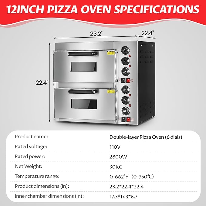 Double Deck Commercial Pizza Oven 16 Inch Countertop Electric Pizza Oven with Pizza Stone Max Temperature Up to 662°F Stainless Steel Fast Baking Pizza Maker 2800W Energy Efficient Easy to Clean