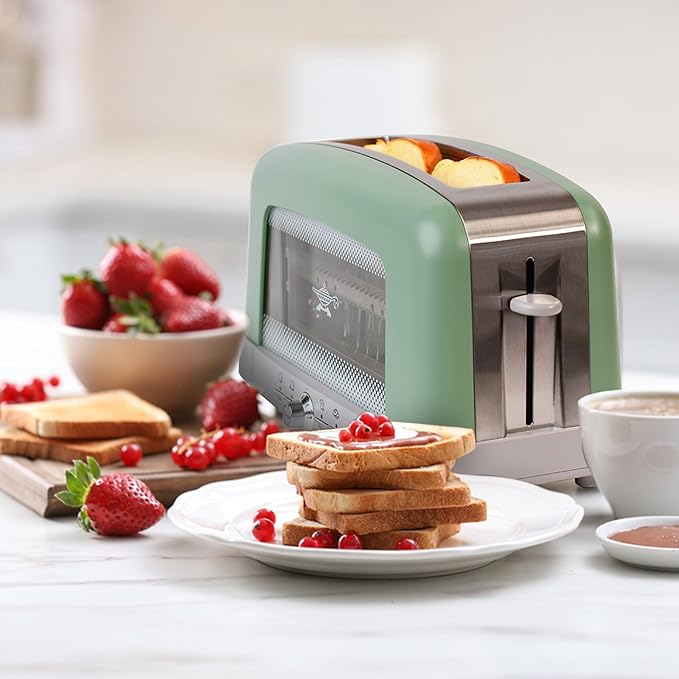 Graphite Heating Technology Pop-Up Toaster w/7 Heat Settings 3 Toasting Functions &amp Unique Bagel Mode Olive/Brushed Nickel