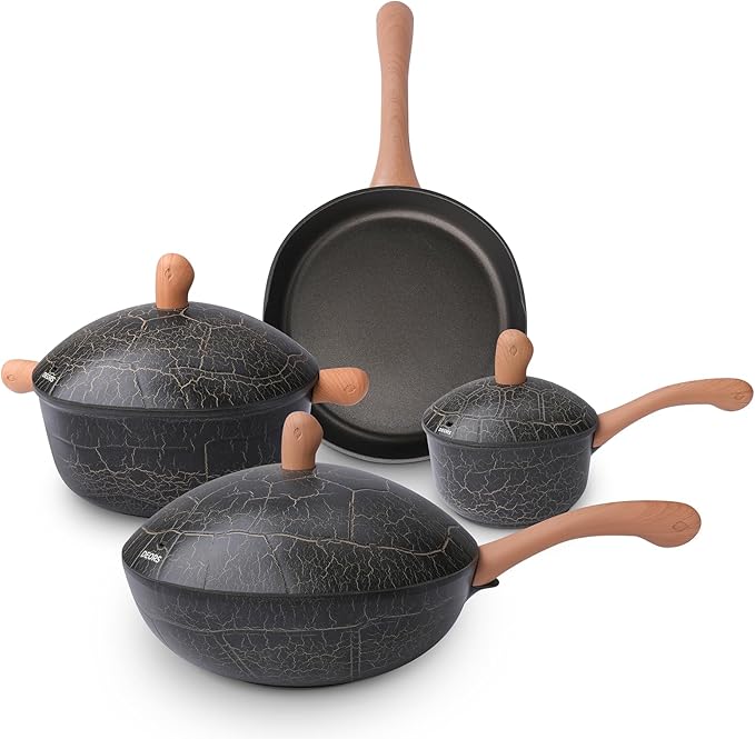 Bionic Turtle Design Nonstick Cookware Set (7 Pcs)- Wok Fry Pan Sauce Pan &amp Dutch Oven with 3 Lids Non ToxicPFAS &amp PFOA Free Compatible with All Stovetops Durable Cookware for Home Cooki