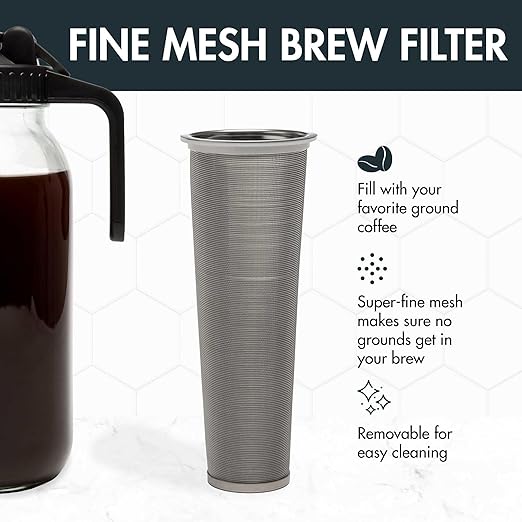 Primula Mason Jar Cold Brew Iced Coffee Maker with Stainless Steel Filter and Easy Pour Lid Durable Glass Pitcher Fits in Most Fridge Doors Dishwasher Safe Made without BPA 2-Quart Black