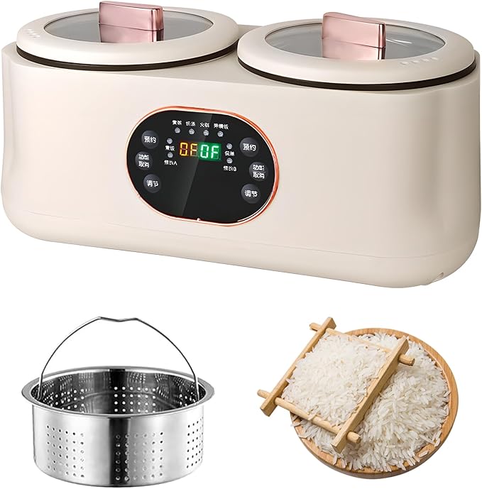 Double Slow Cooker 1.8L+1.8l Rice Cooker with Double Pots Timer and Keep Warm Function for Cooking Porridge and Heating Rice