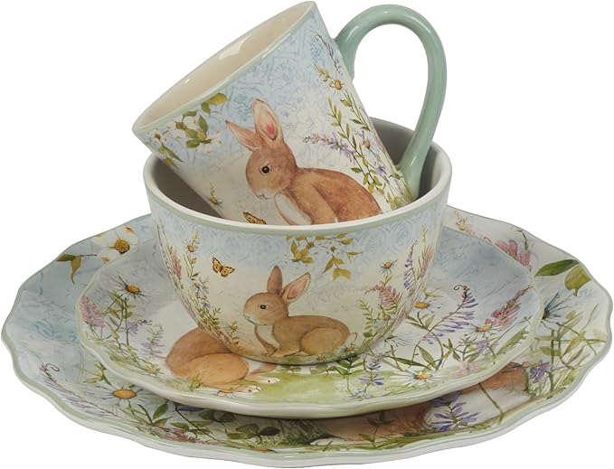 Easter Meadow 16-Piece Ceramic Dinnerware SetService for 4 – Bunny &amp Floral Design Perfect for Easter Spring Holiday Dining – Durable Microwave &amp Dishwasher Safe