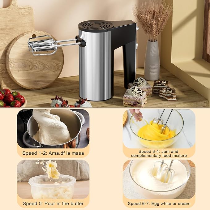 Stainless Steel Hand Blender 5 Speed Turbo Mixer with Interchangeable Blades Pastry Blenders Includes 2 Rods and 2 Hooks Versatile Electric Manual Blender