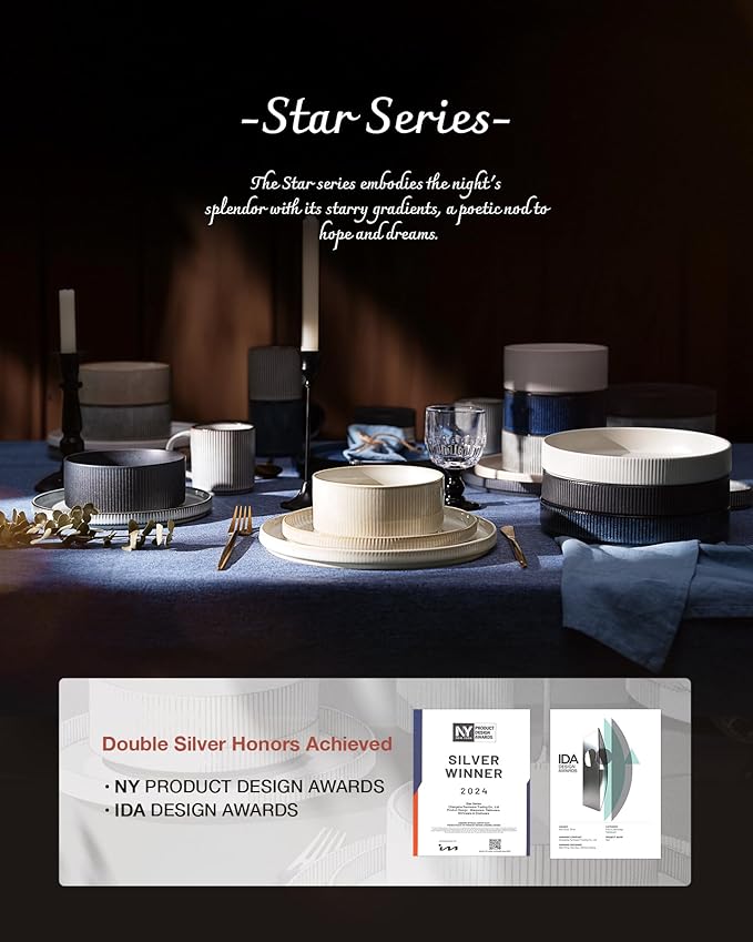 Famiware Star Dinnerware Set with Plates and Bowls Service for 4 (16-Piece) Stoneware Kitchen Dishes Dinner Sets - Deep Forest