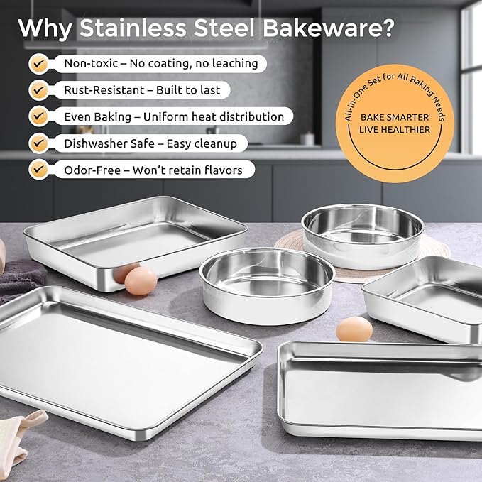 E-far 10-Piece Stainless Steel Cookware Set and Stainless Steel Baking Pan Set Bundle Induction Pots and Pans Set with Tri-Ply Base 6-Piece Metal Bakeware Sets Include Cookie Sheet Dishwasher Safe