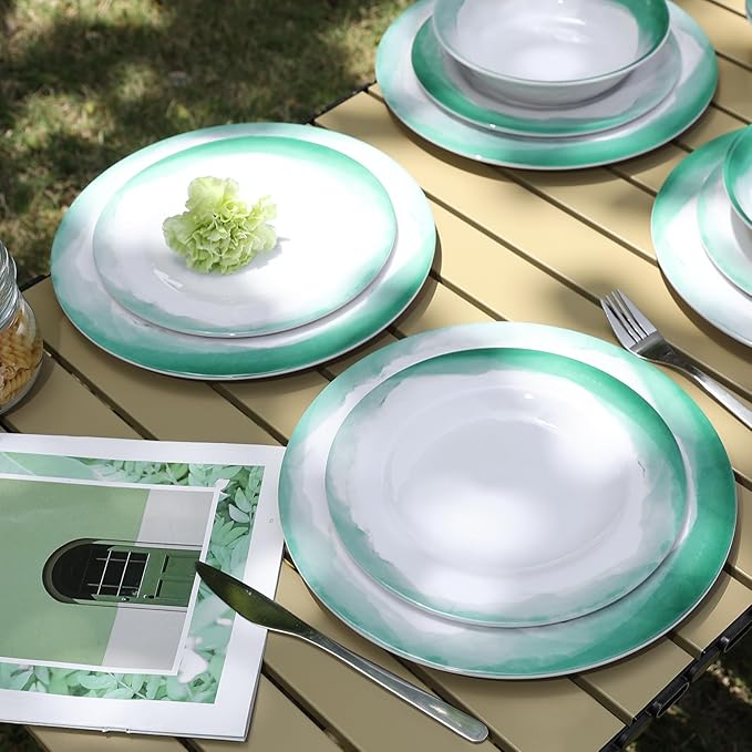 Melamine Dinnerware Sets 12pcs Plates and Bowls Set service for 4 Dishwasher Safe Indoor and Outdoor Use Green Melamine dishes