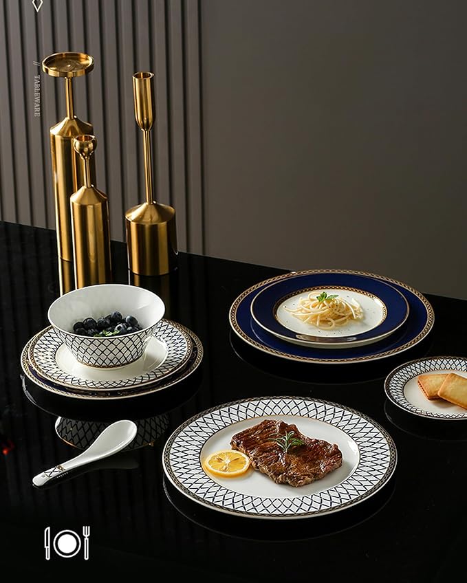 European Style Dinnerware Set Service for 6 Bone China Dinnerware Sets Unbreakable Porcelain Dinner Sets Coffee Cup and Saucer Tableware Set Steak Dinner Plates Dish Set blue-001