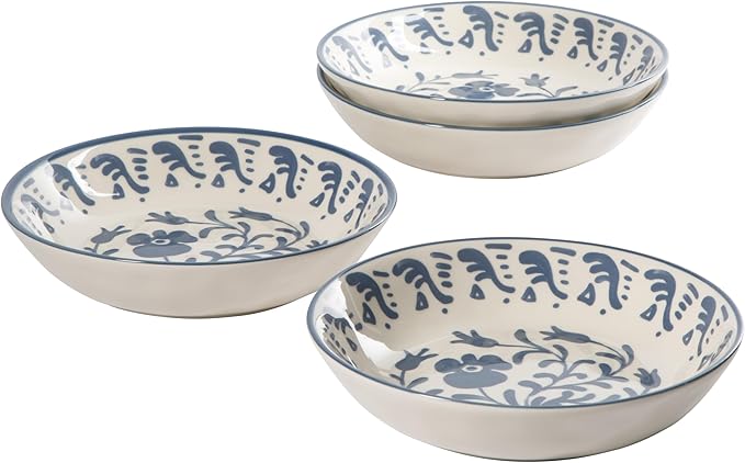 Bloomhouse - 2-Time Oprah’s Favorite Things - Valencia Flor 4 Piece Dinner Bowl Set 8” Stoneware Pasta Bowls Mediterranean Floral Decal Design Microwave &amp Dishwasher Safe Iris Blue