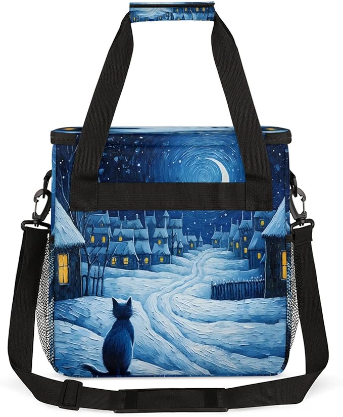 Winter Village Cat Coffee Maker Travel Bag for Keurig K-Mini/K-Mini Plus Insulated Waterproof Tote with Pockets for K-Cup Portable Single-Serve Brewer Case
