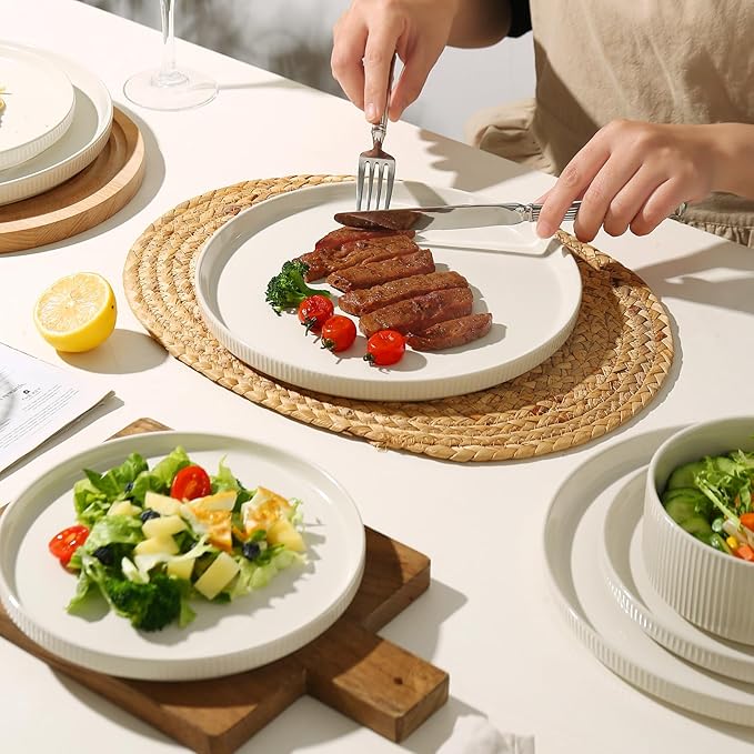 MONITO Ceramic Plates and Bowls Sets for 4 12PCS Stoneware Dinnerware Sets Reactive Glaze Dish Set Chip and Scratch Resistant Double Microwave and Dishwasher SafeWhite