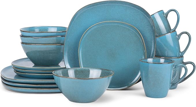 Elanze Designs 16-Piece Modern Luxury Chic Smooth Vintage Handmade Shape High Gloss Ceramic Stoneware Square Plate Mug &amp Bowl Kitchen Dinnerware 16 Piece Set - Service for 4 Turquoise