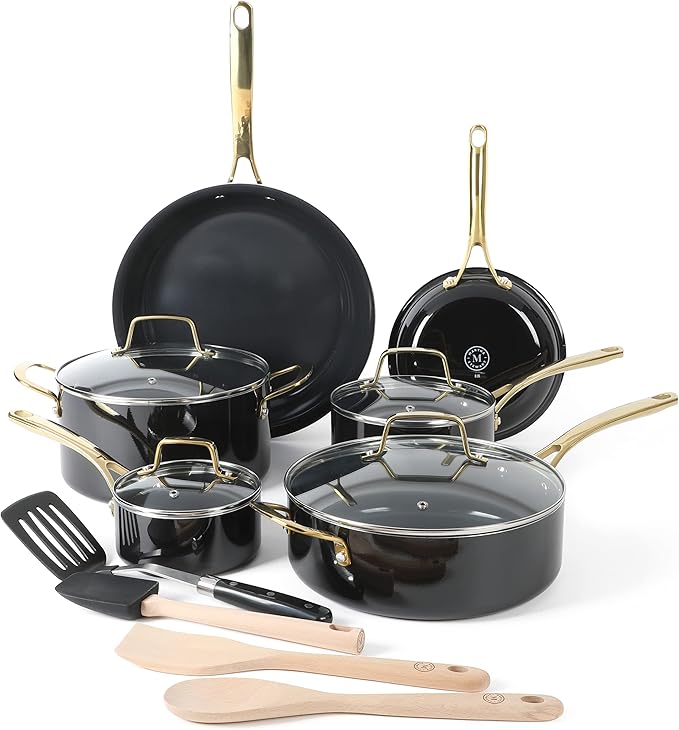 Martha Stewart Lockton 14 Piece Premium Non-Stick Heavy-Gauge Aluminum Cookware Combo Set (Pots Pans and Tools) - Black w/Gold Handles