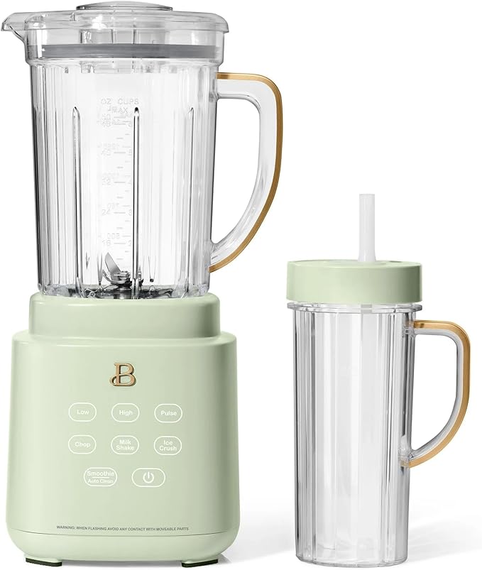 B PowerExact High-Performance 700-Watt Blender by Drew Barrymore 50-Ounce Pitcher Stainless 4-Tip Blade 3 Speeds + 4 Presets Dishwasher-Safe Parts Travel Cup Included (Sage Green)