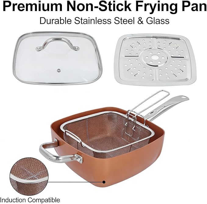 Stainless Steel Multifunctional Square Cookware Set Nonstick Pan and Deep Dish 4 - Piece - Even Heat Distribution Oven Safe to 500°F Perfect for Baking Frying and Steaming