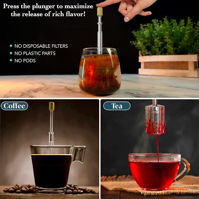FinalPress Original Coffee &amp Tea Maker – Portable Stainless Steel Micro French Press – Patented 3-in-1 Technology for Hot Iced &amp Cold Brew – Perfect for Home Camping &amp Travel