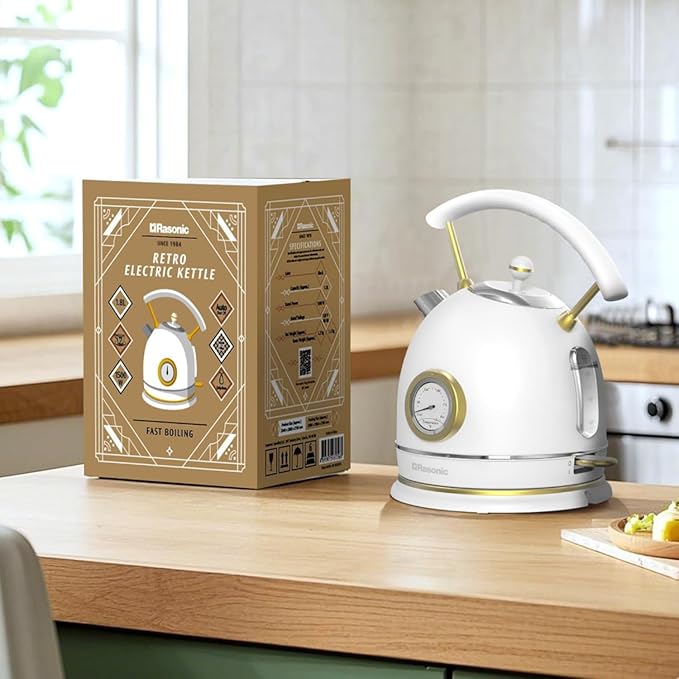 Rasonic Retro Electric Kettle Stainless Steel 1.8L Tea Water Boiler 1500W Fast Quiet Boil Temperature Gauge Auto Shut-Off Boil-Dry Protection White Champagne Gold