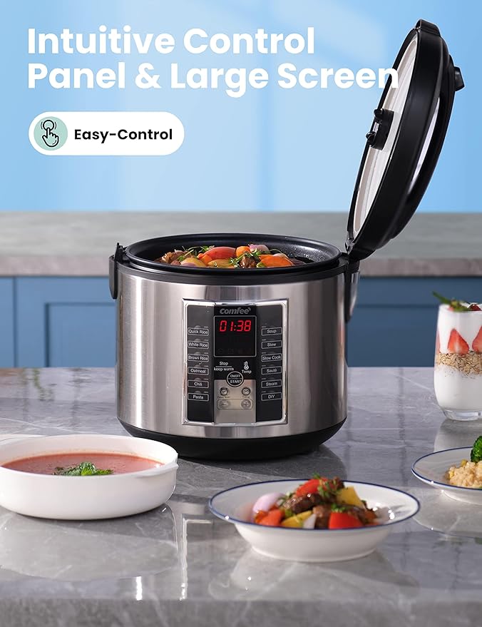 COMFEE' Rice Cooker Slow Cooker Steamer Stewpot Sauté All in One (12 Digital Cooking Programs) Multi Cooker (5.2Qt ) Large Capacity. 24 Hours Preset &amp Instant Keep Warm Black/Silver (MB-M25)