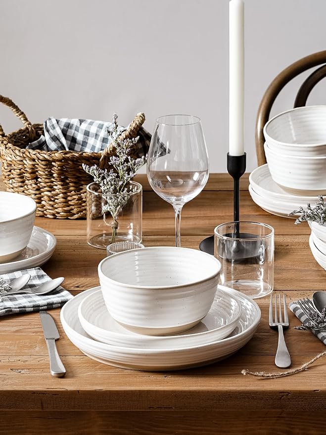 LE TAUCI Dinnerware Sets 12 PCS Ceramic Plates and Bowls Set For Housewarming (28 oz Cereal Bowl+ 8 Salad Dish+10 Dinner Plate) x 4 Oven safe Arctic White