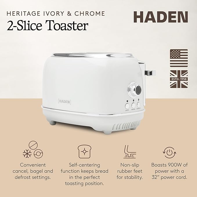 Haden Heritage 2-Slice Wide-Slot Toaster Stainless-Steel Bread Toaster with Adjustable Browning Control Non-Slip Feet &amp Crumb Tray Ivory &amp Chrome