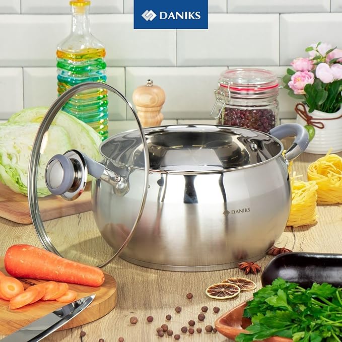 Daniks Modern 7 Quart Stainless Steel Stock Pot with Glass Lid Tri-Ply Bottom for Even Heating Induction Compatible Dishwasher Safe Heatproof Handles