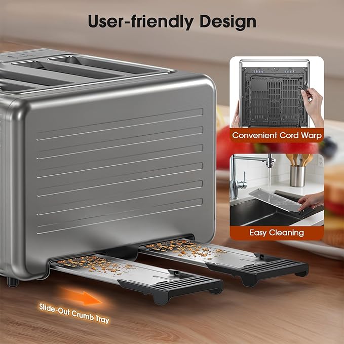 4 Slice Toaster Wide Slot– Dual Digital TouchScreen &amp Independent Control Panel | Single-Slice Modes/Reheat/Defrost | 1800W Stainless Steel Toaster for Bagels &amp Artisan Bread