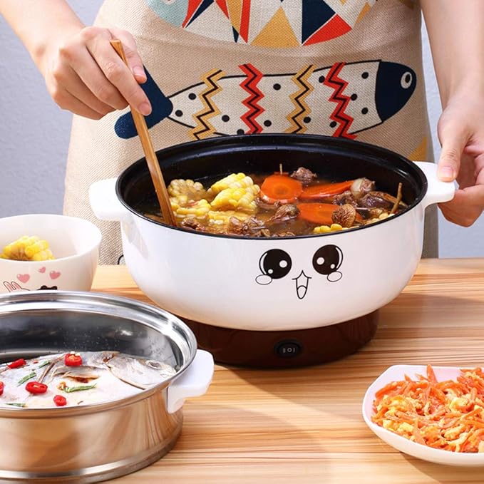 Multifunction Electric Skillet Stainless Steel Hot Pot Noodles Rice Cooker Steamed Egg Soup Pot Mini Heating Pan Cooking Rice (Color : Doublelayer Size : 22cm)