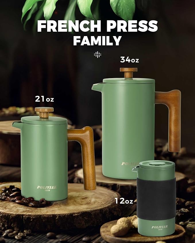 POLIVIAR French Press Coffee Maker 21 oz Coffee Press with Real Wood Handle Double Wall Insulation &amp Dual-Filter Screen Food Grade Stainless Steel for Good Coffe and Tea JX2024-SFPN