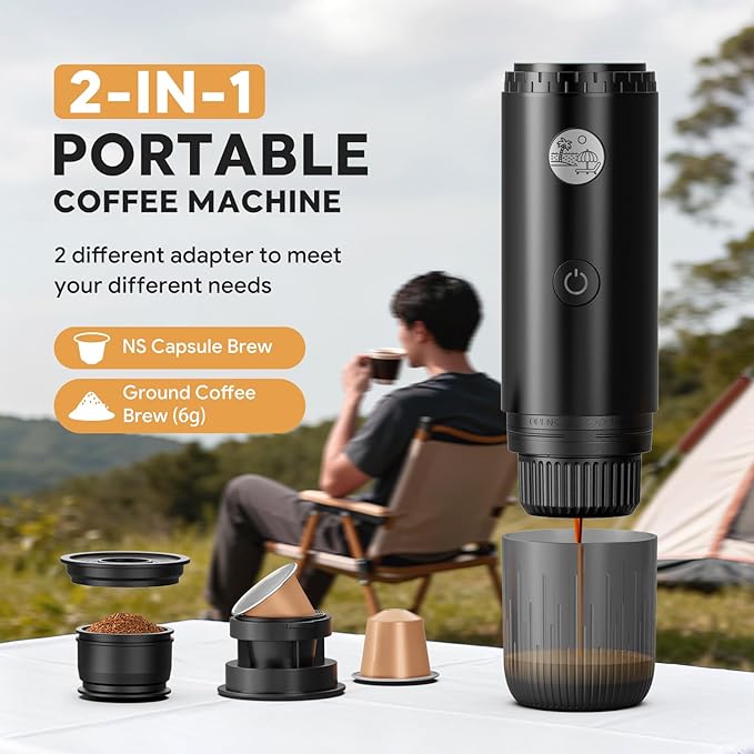 Portable 2-in-1 Coffee Maker Portable 20 Bar Espresso Machine with Automatic Heating Compatible with NS and Ground Coffee for Camping Hiking Travel and Home (Black)