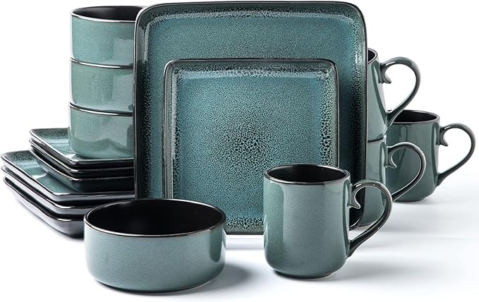 FLACKAR Square Stoneware Dinnerware Set for 4 Dinner Plates Side Plates Cereal Bowls Mugs - Reactive Glaze Turquoise (497248) 16 Count (Pack of 1)