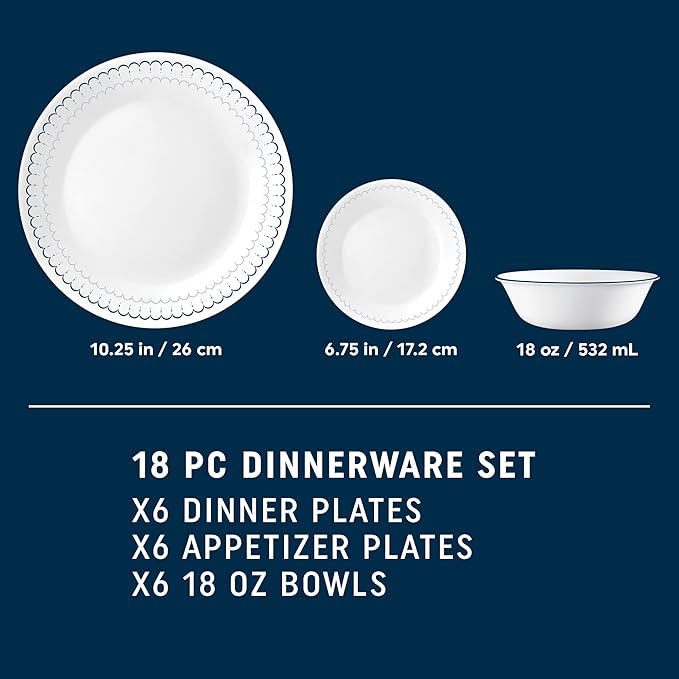 Corelle 18-Piece Dinnerware Set Service for 6 Lightweight Round Plates and Bowls Set Vitrelle Triple Layer Glass Chip Resistant Microwave and Dishwasher Safe Caspian