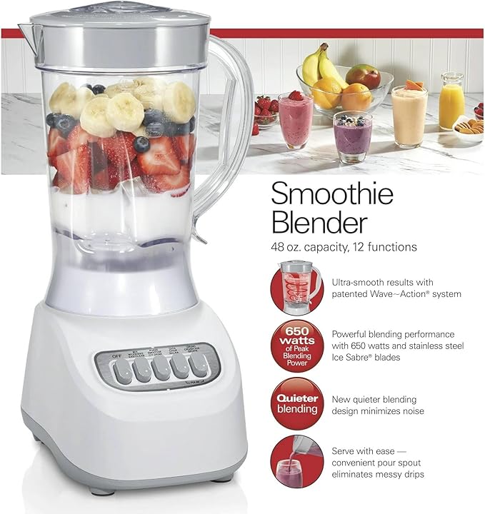 Beach Smoothie Blender with 650W Peak Power Wave Action System 12 Functions 48 oz BPA-Free Jar and Ice Sabre Blades Black (White)