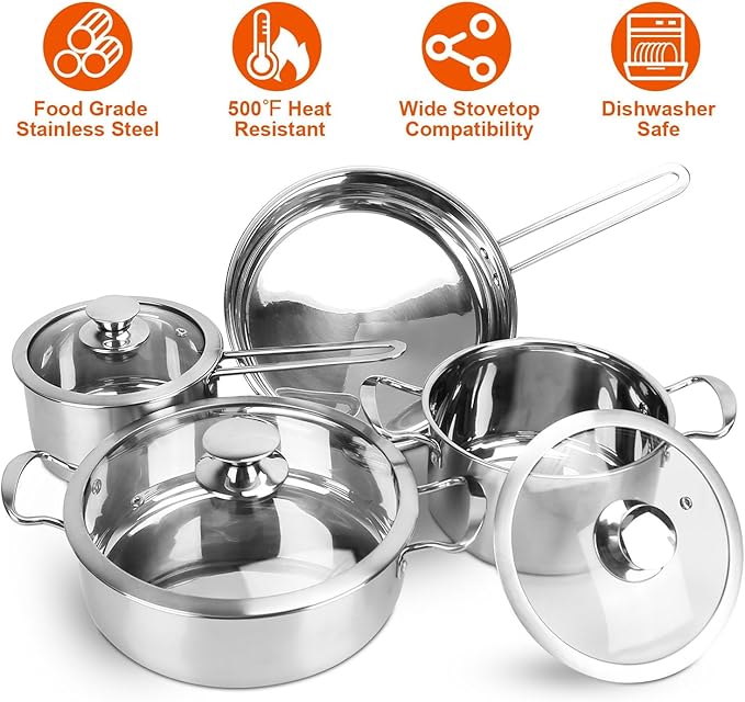 Stainless Steel Cookware Set with Induction Pots &amp Pans Dishwasher Safe Includes 2.7/3.7 Quart Stockpot