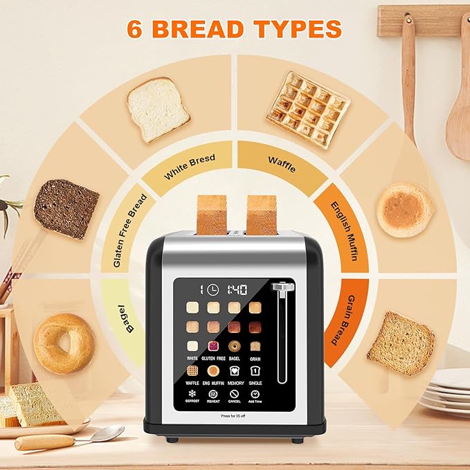 2 Slice Toaster Touch Screen Stainless Steel Toasters Digital Timer 2 Slot Toasters 8 Shade Settings 6 Bread Types for Bagel Cancel Defrost (Black)