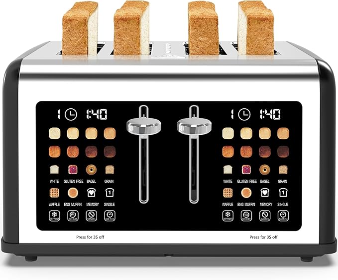 4 Slice Toaster Touch Screen Stainless Steel Toasters Digital Timer Dual Control Panel Toasters 8 Shade Settings 6 Bread Types for Bagel Cancel Defrost 1650W Black