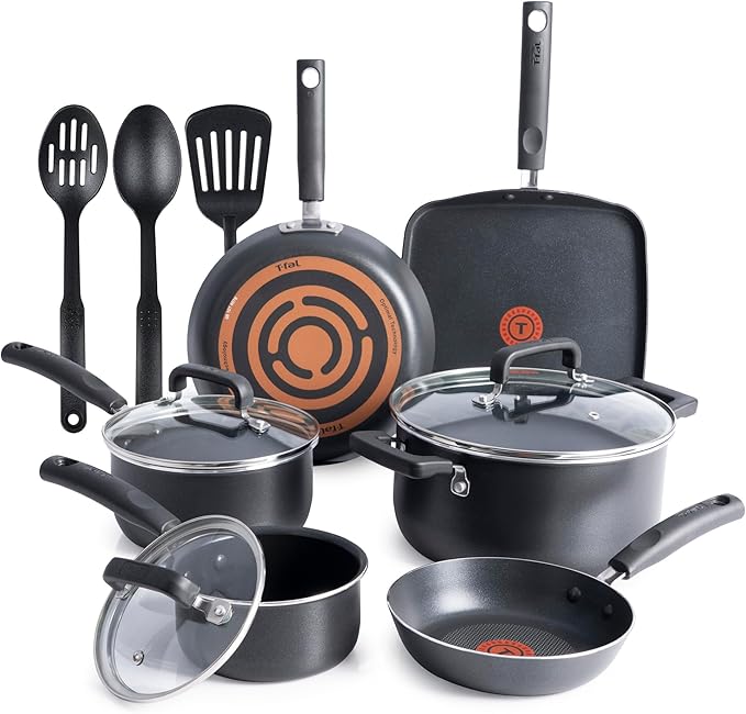 T-Fal Signature Nonstick Pots and Pans Set 12 Piece Oven Broiler Safe 350F Kitchen Cookware Set w/Fry Pans Saucepans Saute Pan Dutch Oven Griddle Kitchen Home Dishwasher Safe Black