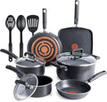 T-Fal Signature Nonstick Pots and Pans Set 12 Piece Oven Broiler Safe 350F Kitchen Cookware Set w/Fry Pans Saucepans Saute Pan Dutch Oven Griddle Kitchen Home Dishwasher Safe Black