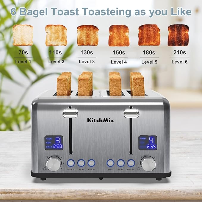 Toaster 4 Slice KitchMix Bagel Stainless Toaster with LCD Timer Extra Wide Slots Dual Screen Removal Crumb Tray (Stinless steel)