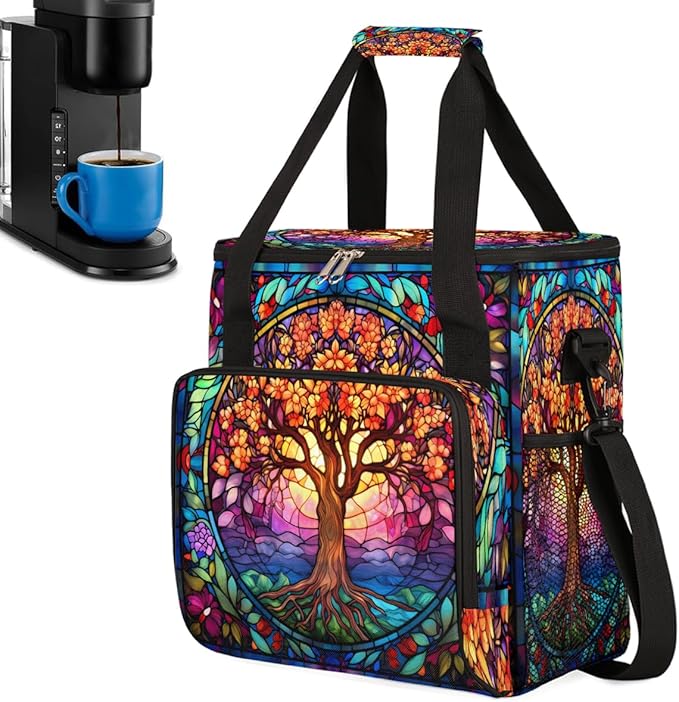 Tree Of Life Ethnic Painting Coffee Maker Carrying Bag Coffee Machine Travel Storage Bag Compatible with K-Mini or K-Mini Plus Portable Single Serve Coffees Brewer Case with Pockets for K-Cup Pods