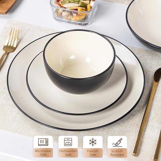 Plates and Bowls Sets for 4 - CJDC-QUELO 16-Piece Stoneware Dinnerware Sets Ceramic Dishware Set for Indoor Kitchen Use and Formal Dining Chip and Scratch Resistant Microwave Dishwasher Safe Ivory