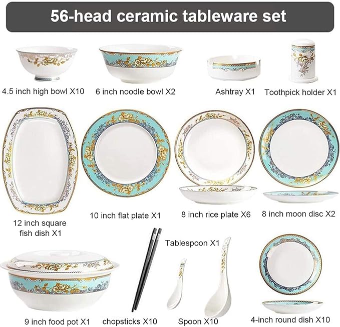 56-Piece Bone China Dinnerware Set Nordic Ceramic Dinner Plates Set Porcelain Tableware Set Bowls/Plates/Dishes/Pot Dish Set Service for 10 Health Kitchen Dining Su