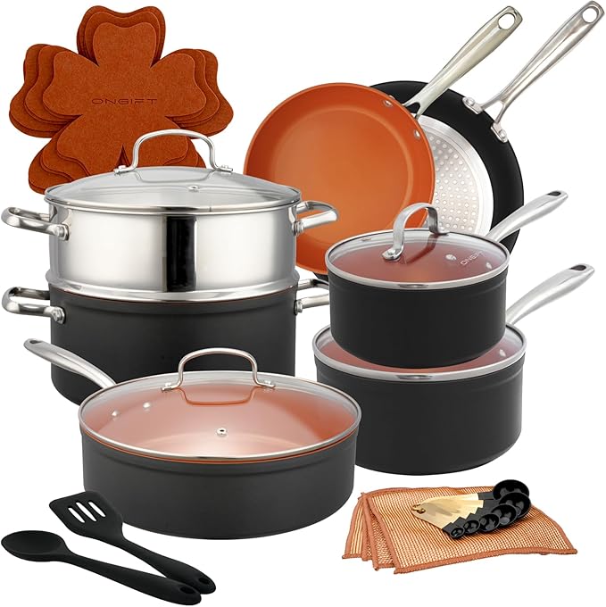 24 Pcs Pots and Pans Set Nonstick Ceramic Cookware Sets Kitchen Cookware Sets without PFAS PTFE or PFOA Compatible with All Stovetops Oven SafeCopper