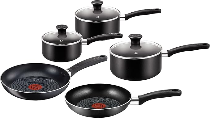 Tefal Essential 5-Piece Non-Stick Cookware Set: 3 Saucepans (16/18/20CM) with Lids 2 Frying Pans (20/24CM) Compatible with All Hobs Except Induction Black - B472S545