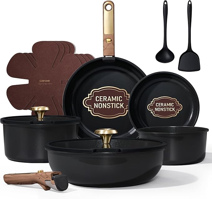 CAROTE 15Pcs Ceramic Cookware Set Pots and Pans Set Non stick Kitchen Cooking Set with Detachable Handle Non Toxic Induction Cookware Dishwasher/Oven Safe PFAS Free Black&ampGold