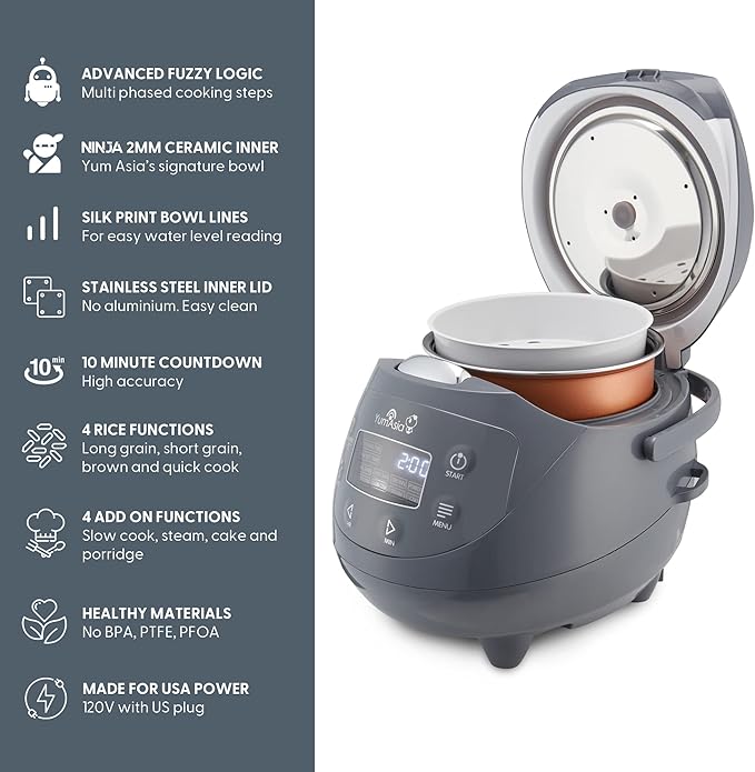 Yum Asia Panda Mini Rice Cooker With Ninja Ceramic Bowl and Advanced Fuzzy Logic (3.5 cup 0.63 litre) 4 Rice Cooking Functions 4 Multicooker functions Digital LED display - 120V