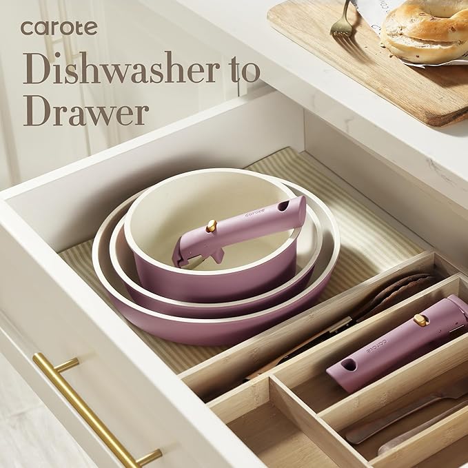 CAROTE 5pcs Pots and Pans Set Nonstick Cookware Set Detachable Handle Induction Kitchen Cookware Sets Non Stick with Removable Handle RV Cookware Set Gold and Purple