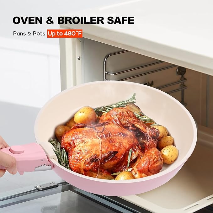 17 Piece Ceramic Pots and Pans Set Non Stick Cookware Set with Detachable Handle Dishwasher/Oven Safe Induction Ready Stackable RV Kitchen Cooking Set Removable Handles Pots Protectors Pink