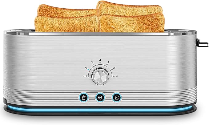 Toaster 4 Slice Wide Slot Toaster Long Slot with Warming Rack 6 Browning Settings Bagel/Defrost Functions Removable Crumb Tray (Silver)