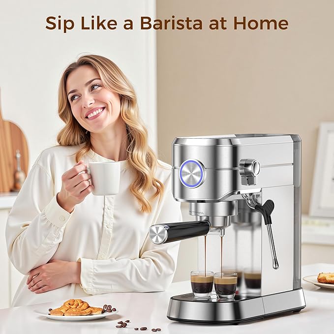Kndko Espresso Machine 20 Bar Espresso Maker with Milk Frother Compact Stainless Steel Coffee Machine with 34oz Removable Water Tank for Cappuccino Latte