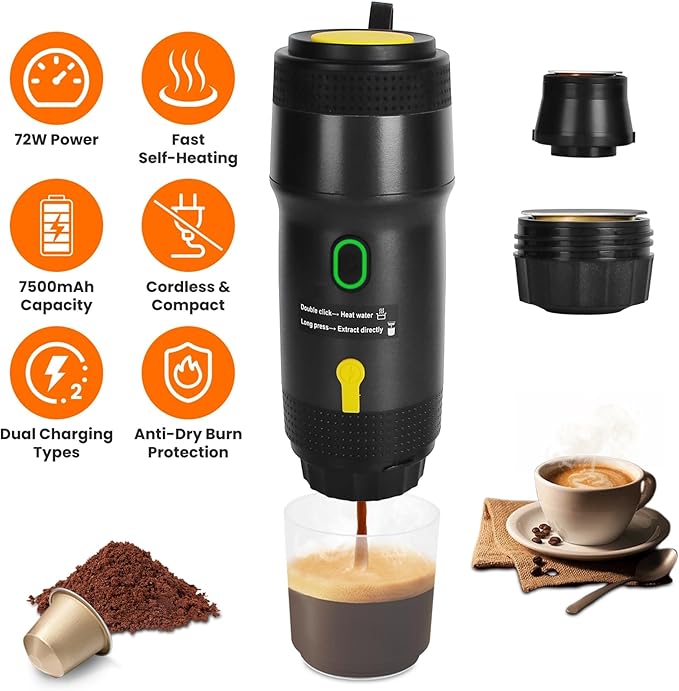 Portable Electric Espresso Machine Cordless Coffee Maker Self-Heating Car Espresso Maker with Anti-Dry Burn Fit for Ground Coffee/NS/DG Capsules for C